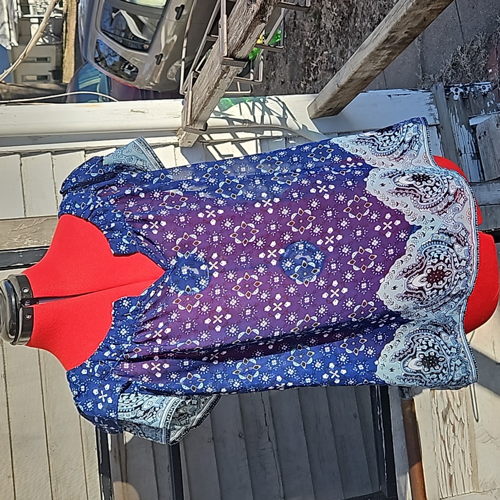 Belle Tweed Blue Abstract Blouse Womens